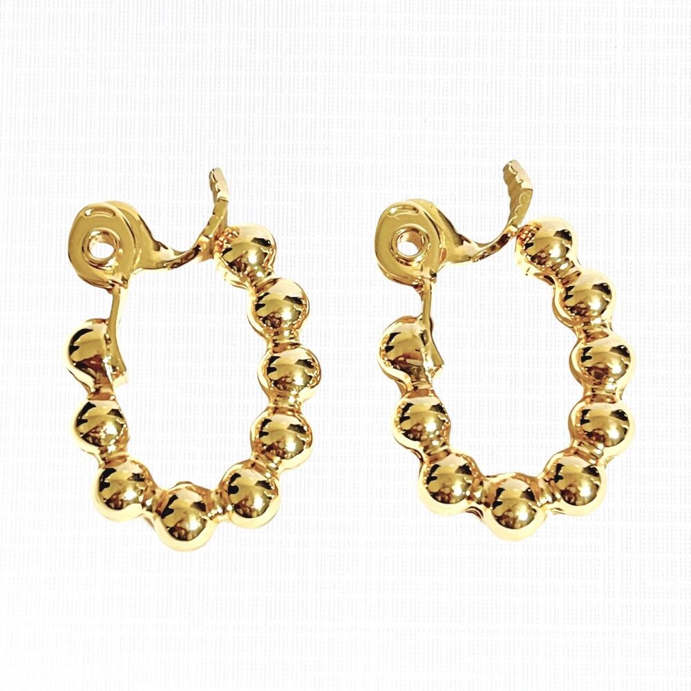 Puffy Bead Earrings Clip On Hoops Gold Tone U Shaped Solid Metal Jewelry TJG